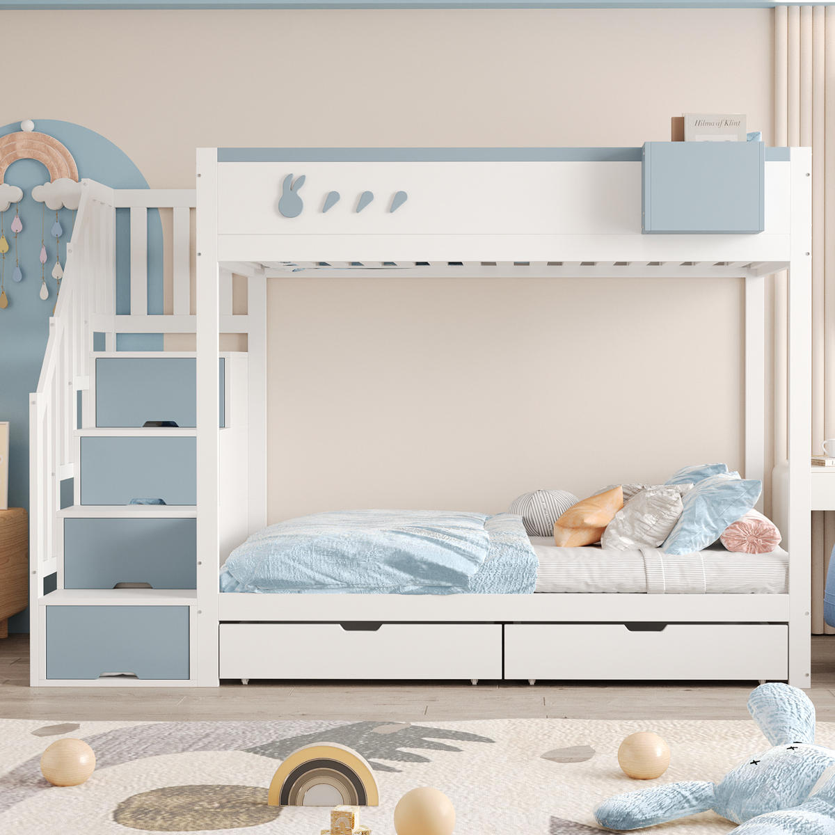 ETAGENBETT Kinderbett Weiß + Blau - Blau, Holz (90/200cm) - ComfortXL