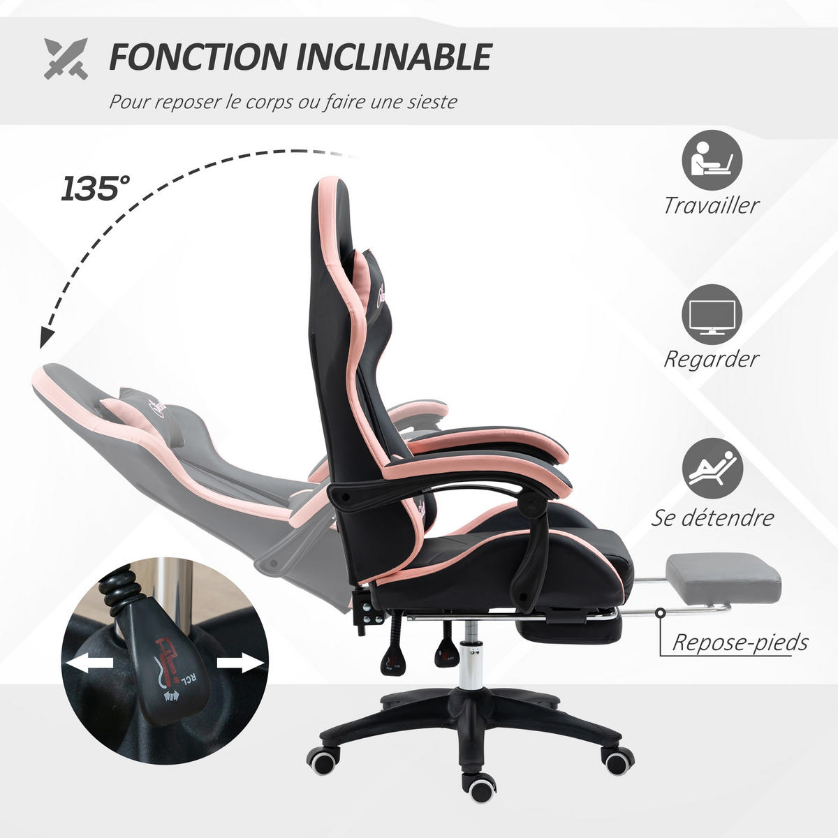 GAMING-STUHL Rosa, 65/65/121-129 cm, Höhenverstellbar, mit Fußstütze - Hellrosa, Metall (65/129/65cm) - PANGIVO