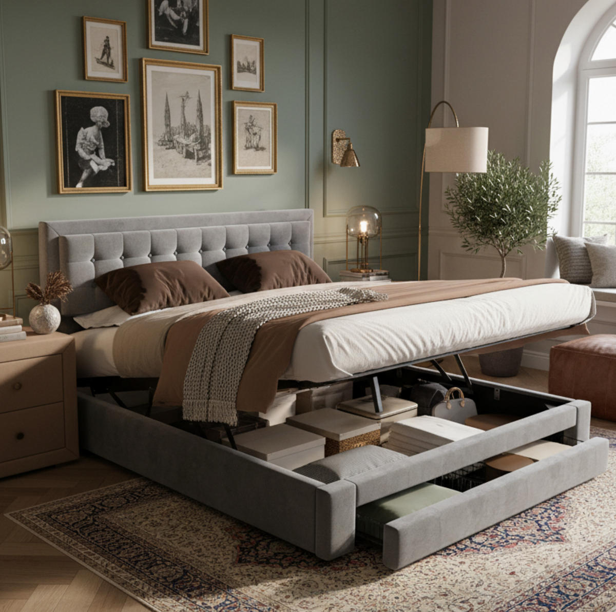 POLSTERBETT aus Samt 180x200 cm Grau mit höhenverstellbarem Kopfteil und Stauraum - Grau, Textil (180/200cm) - Modfu