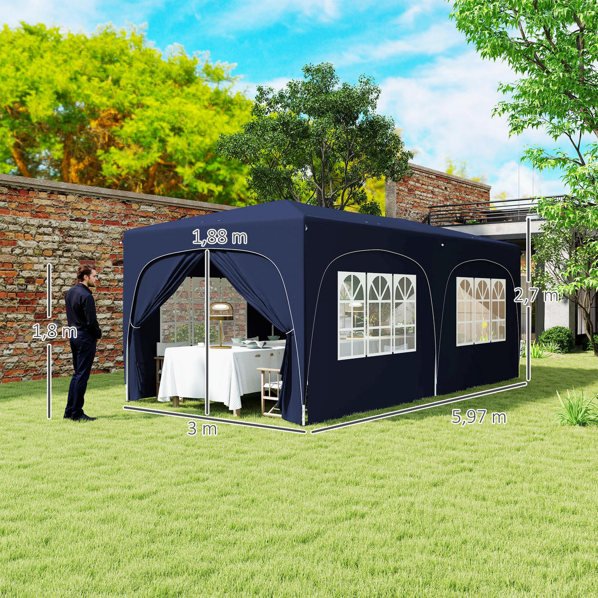 FALTPAVILLON, 3x6m, Seitenwände, UPF50+, höhenverstellbar, Dunkelblau - Multicolor, Metall (597/270/300cm) - FORIOUS