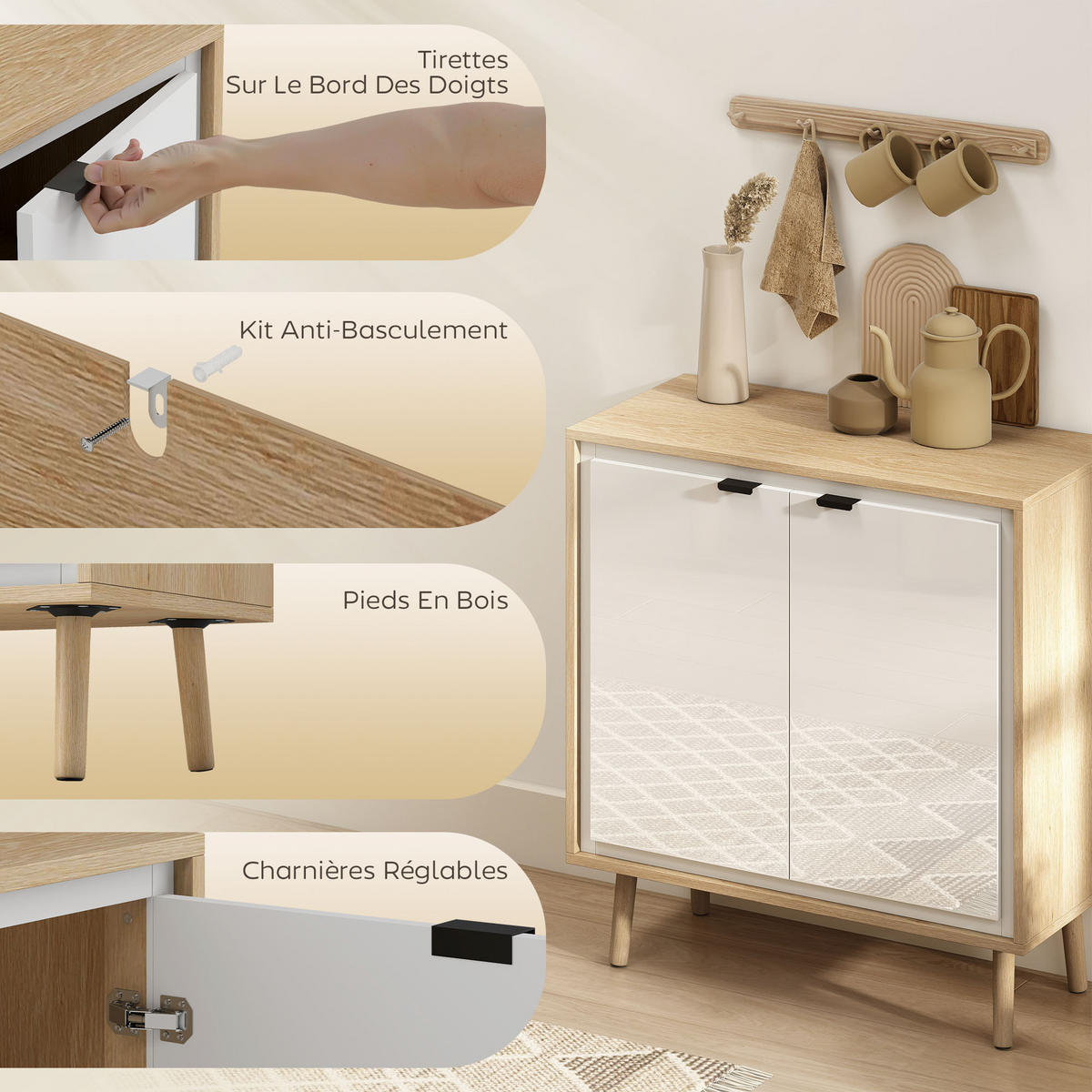 SIDEBOARD Weiß-Hochglanz und Eiche-Nachbildung, 72/35/77 cm - Weiß, Holz (72/77/35cm) - PANGIVO