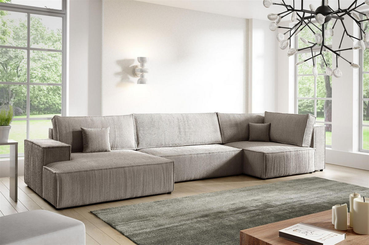 WOHNLANDSCHAFT Corunia - Hellbraun, Holzwerkstoff/Textil (398/70/148cm) - Fun Möbel