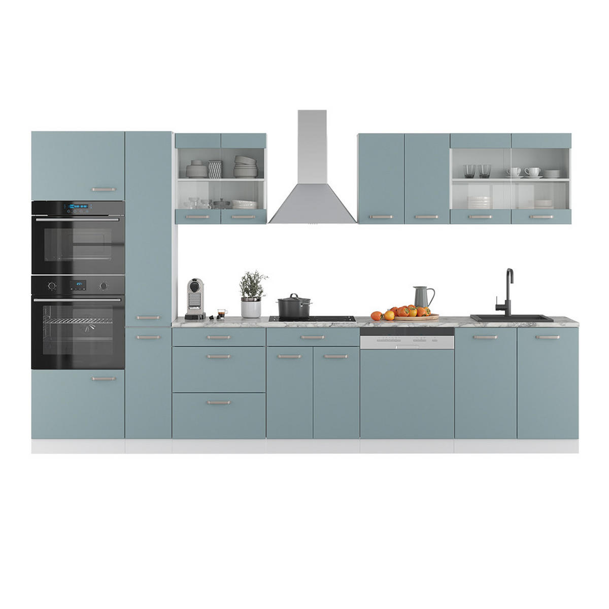 KÜCHENZEILE R-Line Blau-Grau/Weiß 350 cm mit Hochschrank, AP Marmor - Blaugrau/Weiß, Holzwerkstoff (350/81.6/60cm) - Vicco