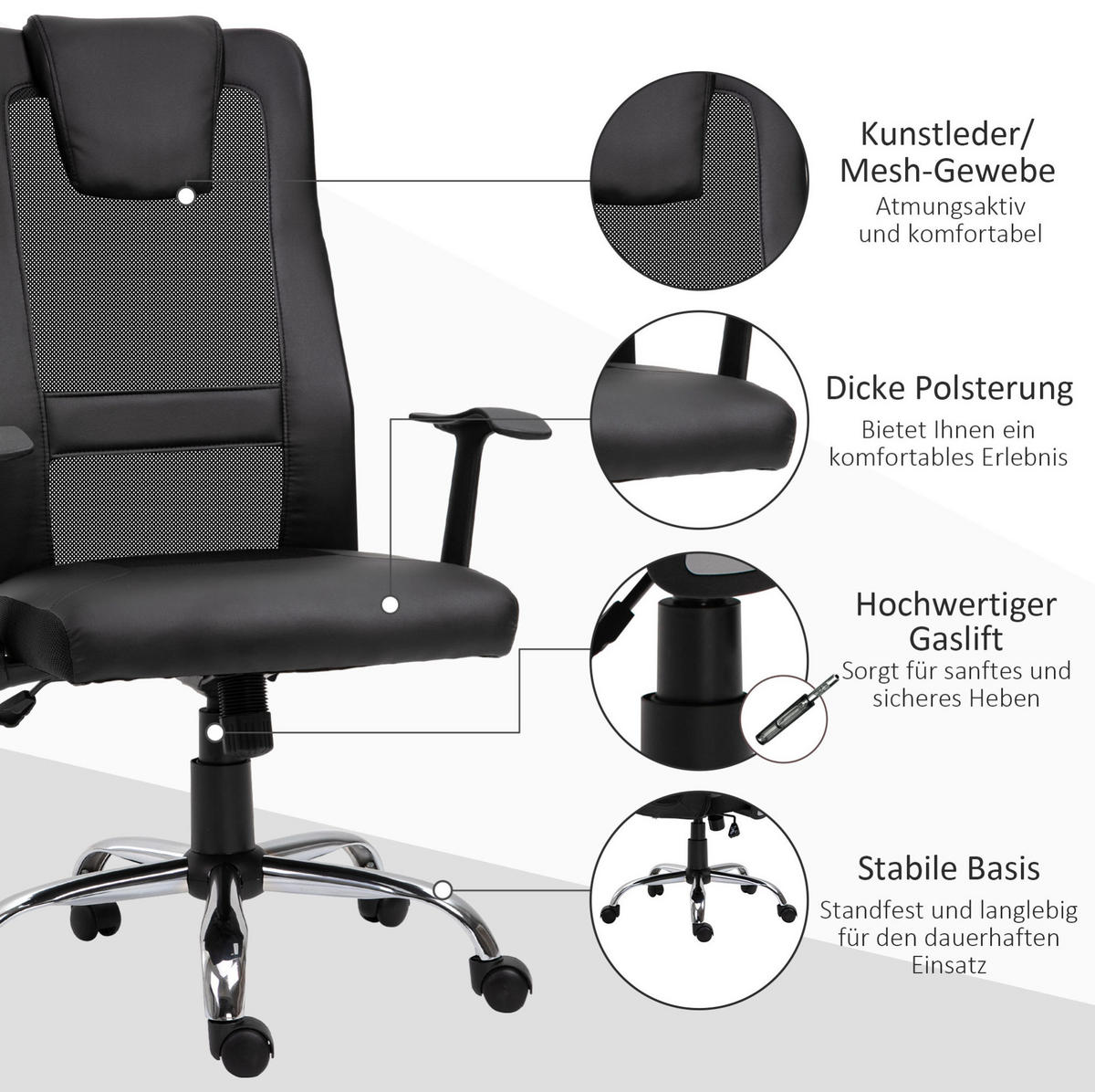 BÜROSTUHL ergonomisch höhenverstellbar Kunstleder Schwarz - Schwarz, Metall (73/118/66cm) - Meubliv