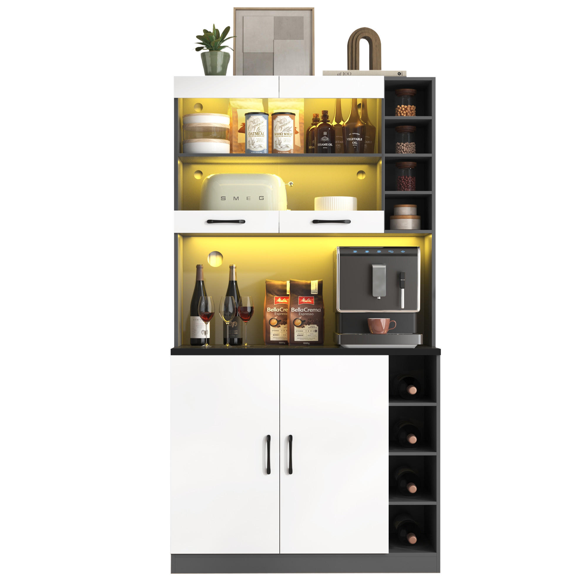 BUFFET 100/47/187 cm grau/weiß aus MDF mit LED-Beleuchtung - Weiß, Holzwerkstoff (100/187/47cm) - OKWISH