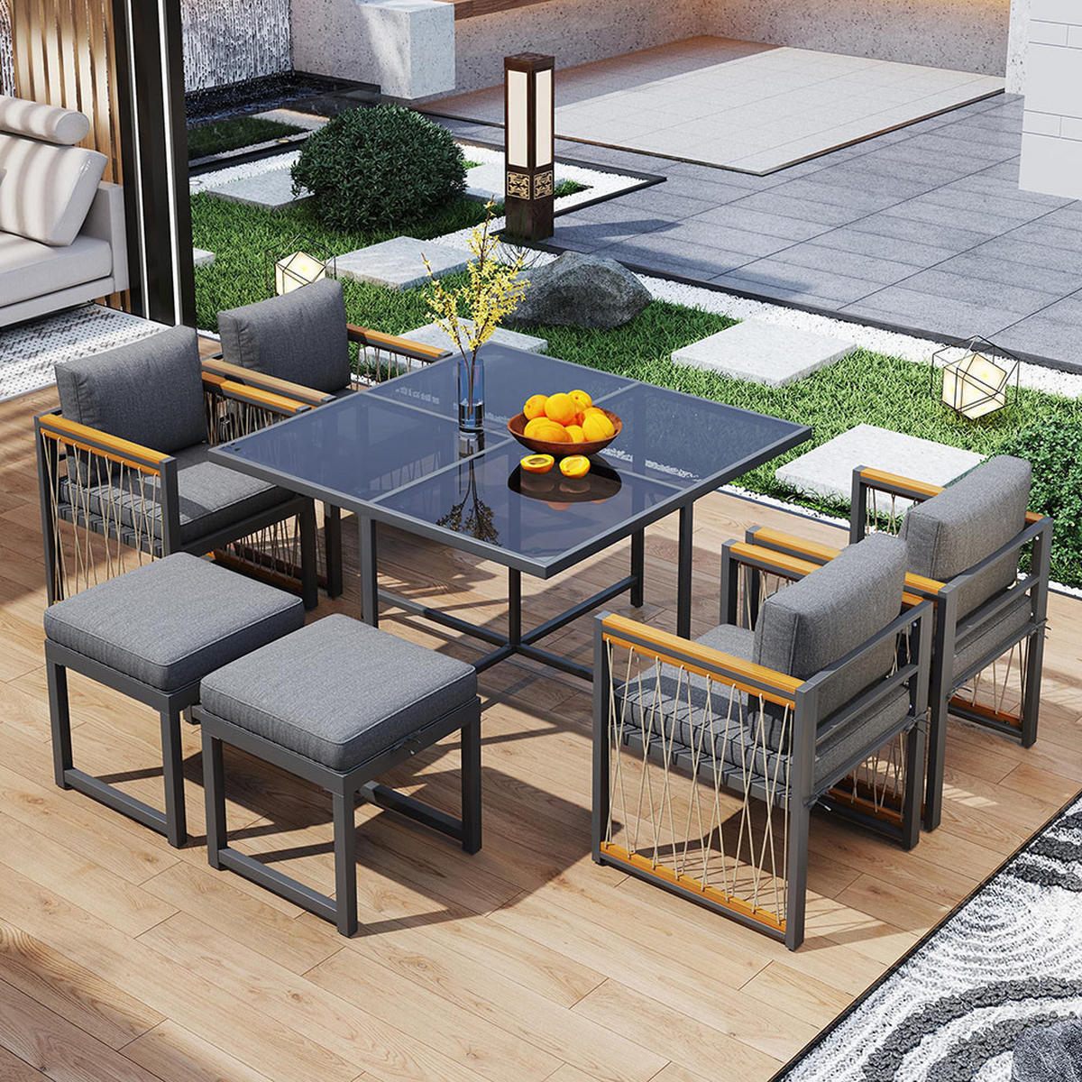 DINING-LOUNGESET für 6 Personen mit Tisch aus gehärtetem Glas - Schwarz, Metall - KOMHTOM