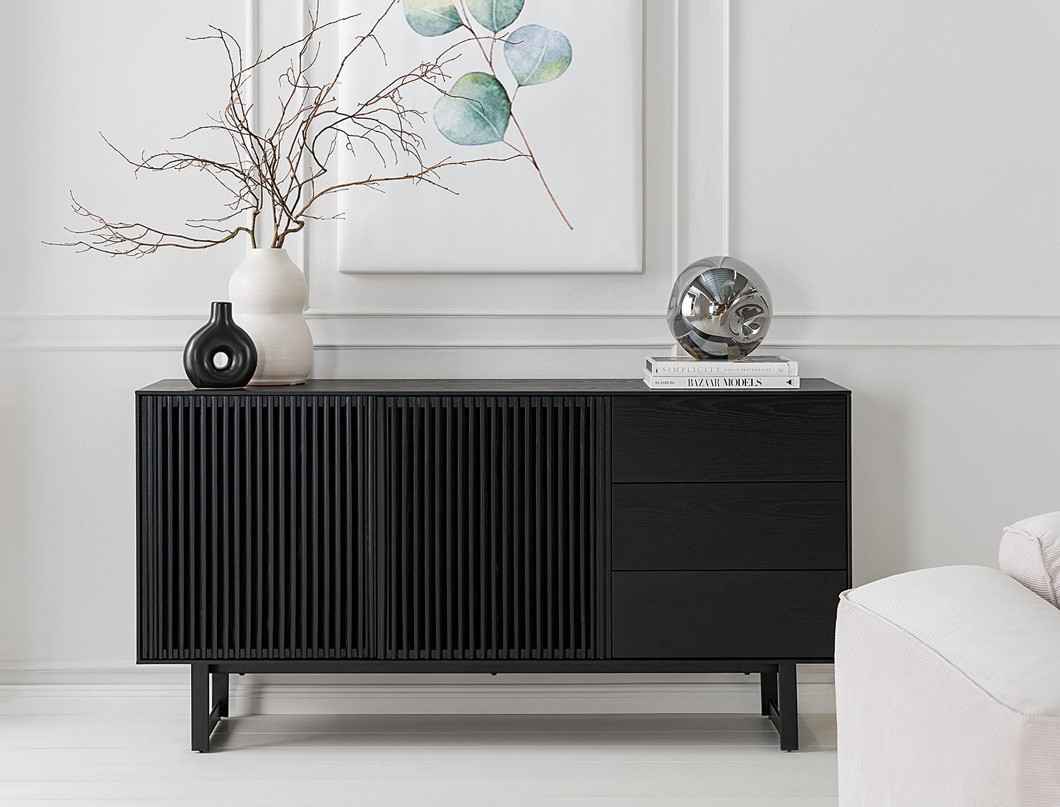 SIDEBOARD mit 3 Schubladen - Esche teilmassiv - Eschefarben/Schwarz, Holz (160/80/40cm) - home24