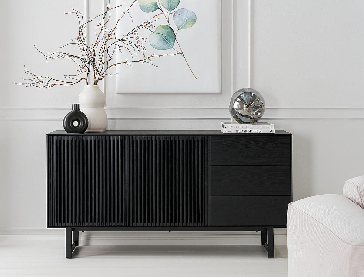 SIDEBOARD mit 3 Schubladen - Esche teilmassiv - Eschefarben/Schwarz, Holz (160/80/40cm) - home24