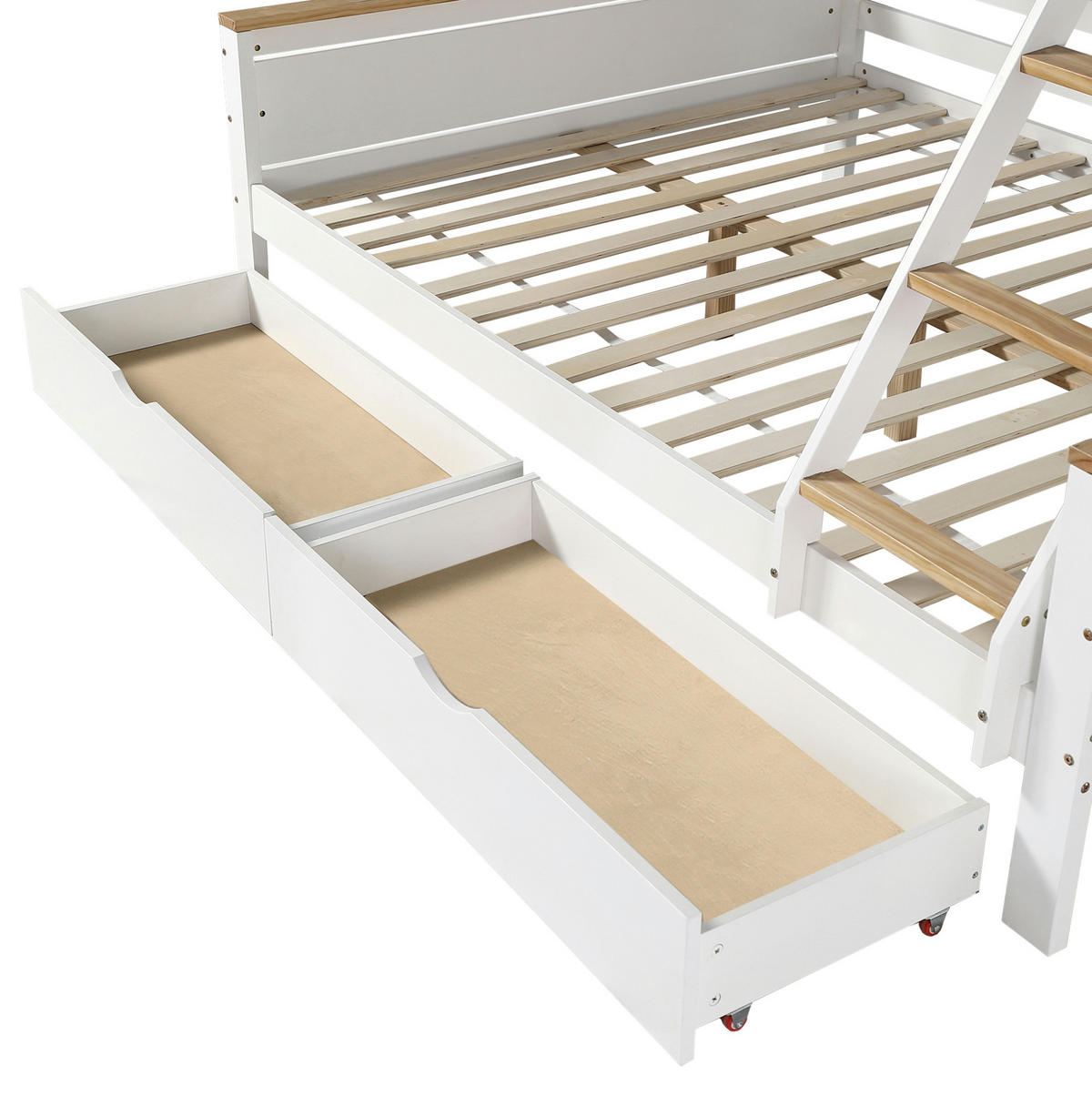 ETAGENBETT 90/200 cm & 140/200 cm mit Regalen, Schubladen und Windmühlen-Design, Weiß/Natur - Weiß, Holzwerkstoff (90/200cm) - Redom