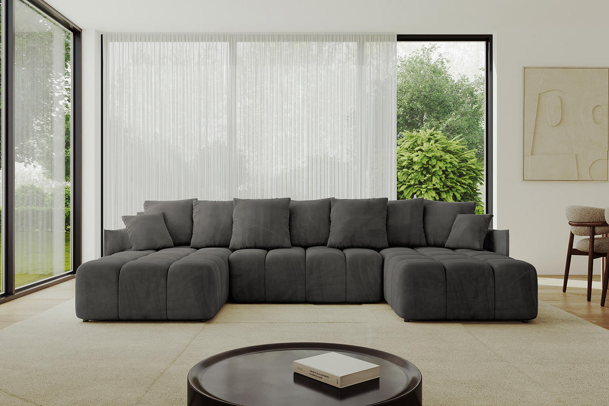 WOHNLANDSCHAFT LONLI-U 355x189x68 Dunkelgrau Velours - Anthrazit, Holzwerkstoff/Kunststoff (355/68/189cm) - ALTDECOR