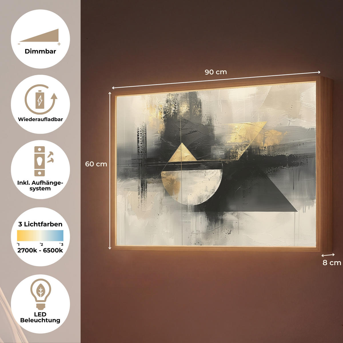 WANDLEUCHTE MIT AKKU Abstrakt - Schwarz - Farbe - Modern 90x60 cm - Grau, Holzwerkstoff (90/60/8cm) - OnlyWow