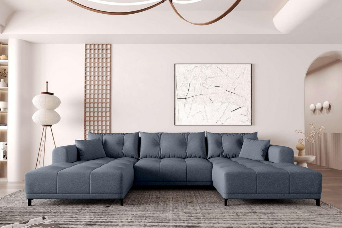 WOHNLANDSCHAFT Strukturstoff Dunkelblau inkl. Schlaffunktion - Schwarz/Dunkelblau, Textil/Metall (348/94/181cm) - 99rooms