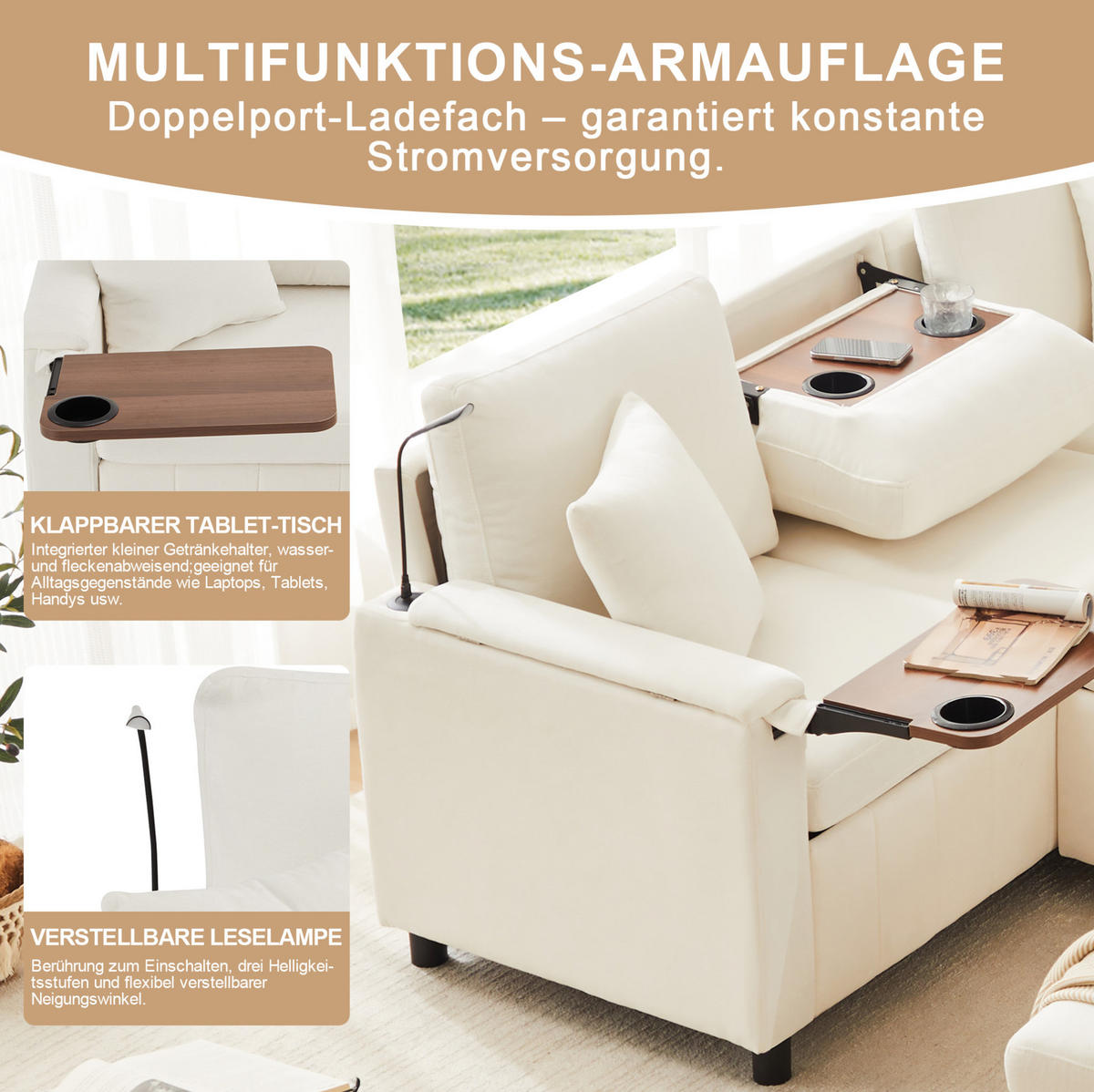 ECKSOFA Chenille mit Schlaffunktion, Hocker und USB-Anschluss 205/205/85 cm Beige - Beige, Textil (205/205cm) - Redom