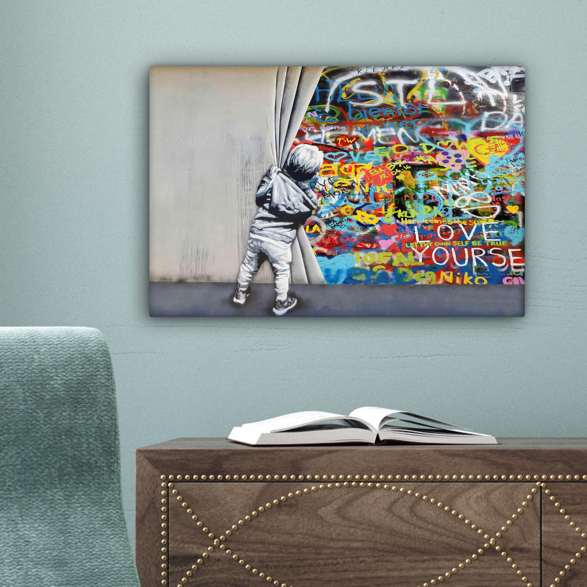 LEINWANDBILD Graffiti - Junge - Ilussie - Straßenkunst 30x20 cm - Hellgrau, Textil (30/20cm) - MuchoWow