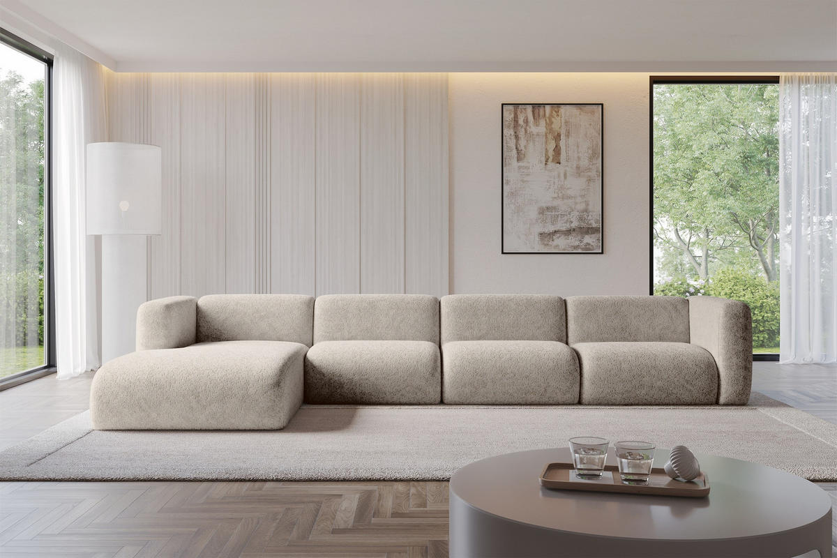 ECKSOFA Ottomane Links MIRA-L3 409x179x70 Beige Velours - Beige/Schwarz, Holzwerkstoff/Kunststoff (409/179cm) - ALTDECOR