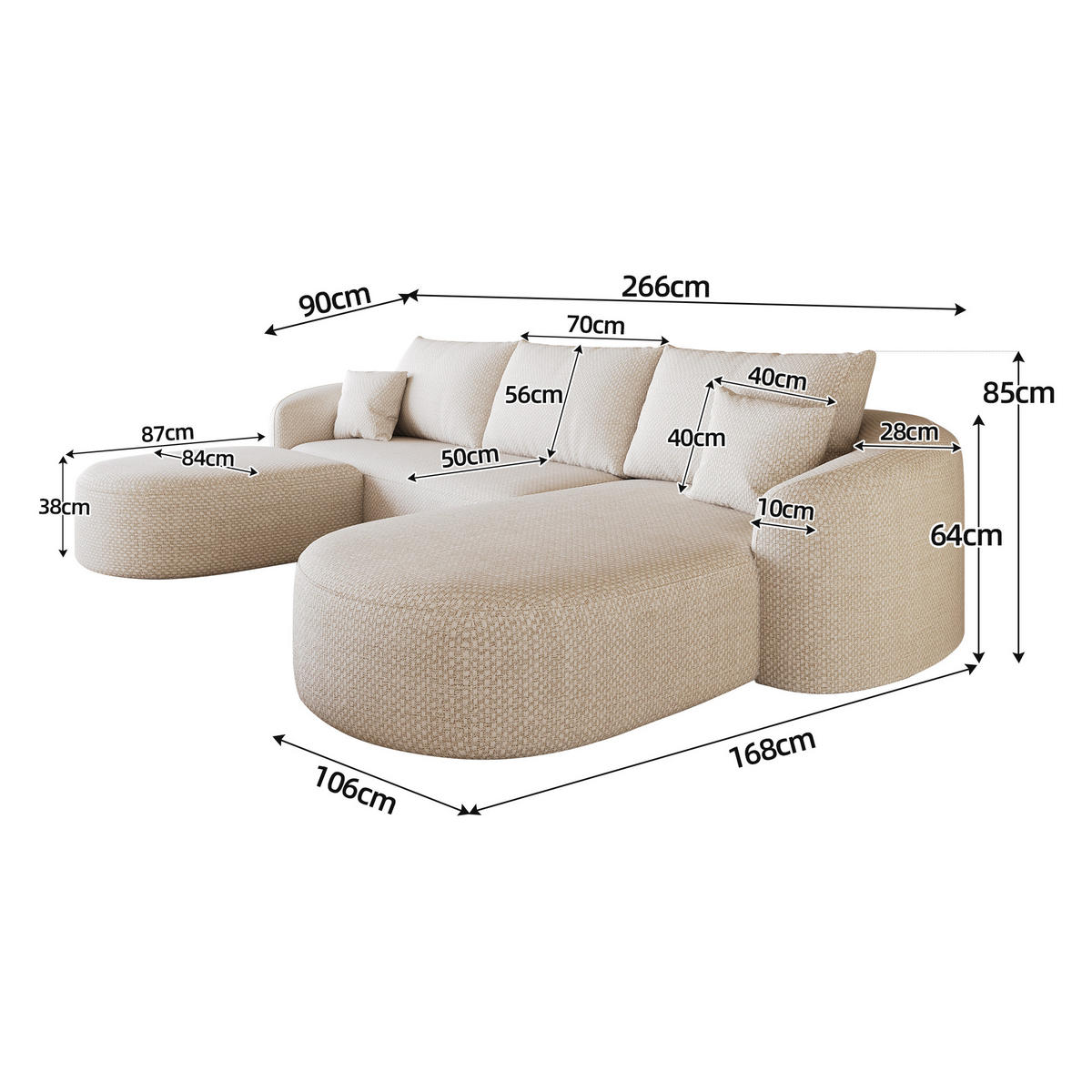 WOHNLANDSCHAFT DE-34817 U-Form 2-Sitzer Chaiselongue rechts Weiß - Weiß, Textil (168/85/336cm) - ComfortXL