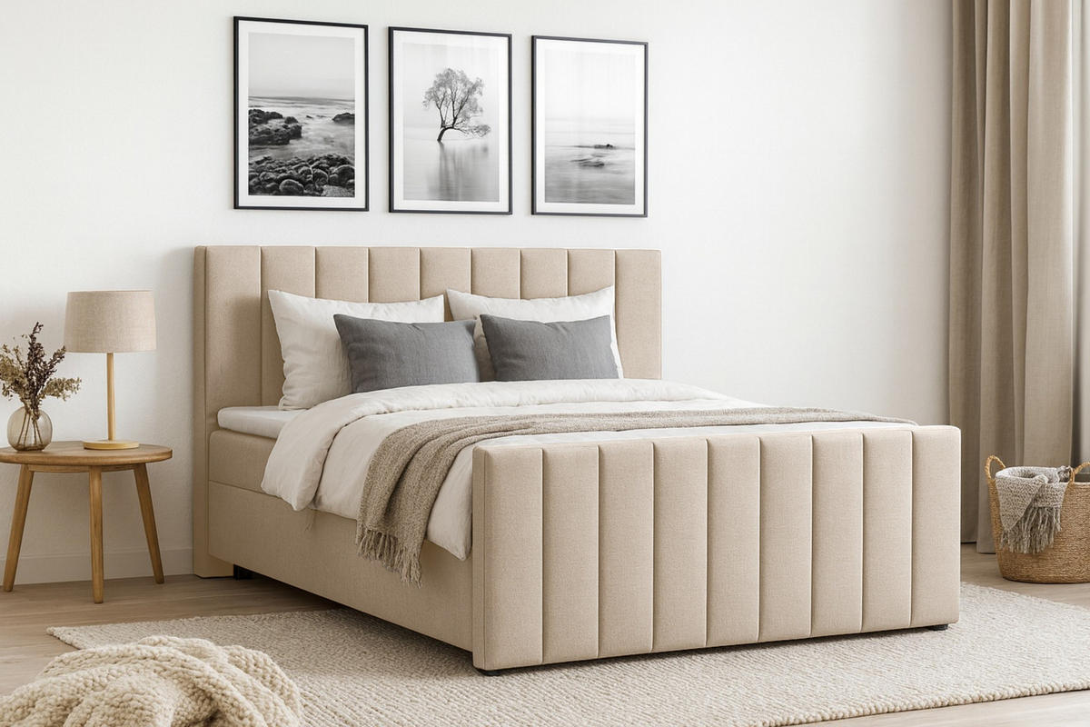 BOXBETT FEN 160/200 Velours Beige mit Taschen-Federkernmatratzen 7 Zonen H4 - Beige, Holz/Holzwerkstoff (160/200cm) - Deine Möbel 24