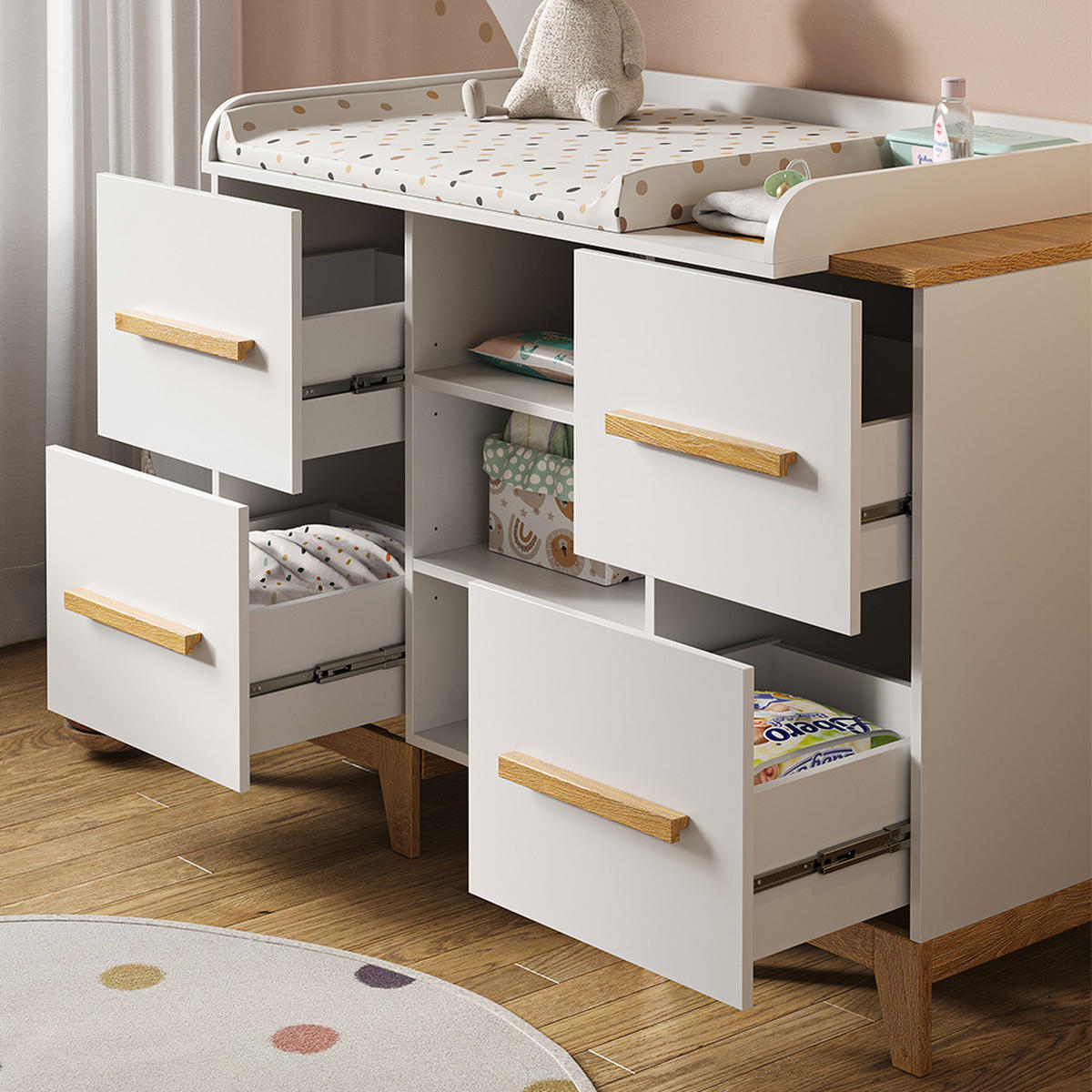 WICKELKOMMODE Malia Weiß 133 x 98 cm XL mit 4 Schubladen - Eichefarben/Weiß, Holzwerkstoff (133/108/70cm) - VitaliSpa
