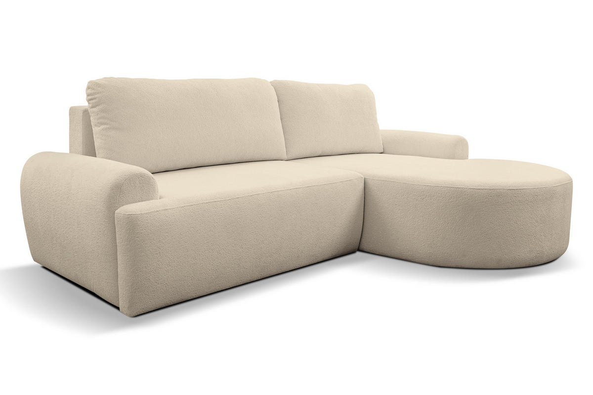 ECKSOFA Dream in L-Form mit Schlaffunktion und Bettkasten, Farbe: Beige, Bouclé-Stoff, Ottomane Rechts - Beige, Textil (260/136cm) - VENASI MÖBEL