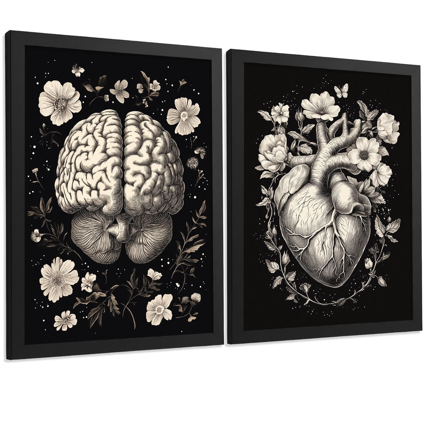 POSTER Set aus 2 Anatomie Mensch Drucke und Wandbilder mit Gehirn und Herz Monochromes Florales Design Schwarzer Hintergrund Größe Schwarzer Rahmen A3 - Schwarz, Papier (29.7/42/3cm) - Nacnic
