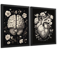 POSTER Set aus 2 Anatomie Mensch Drucke und Wandbilder mit Gehirn und Herz Monochromes Florales Design Schwarzer Hintergrund Größe Schwarzer Rahmen A3 - Schwarz, Papier (29.7/42/3cm) - Nacnic