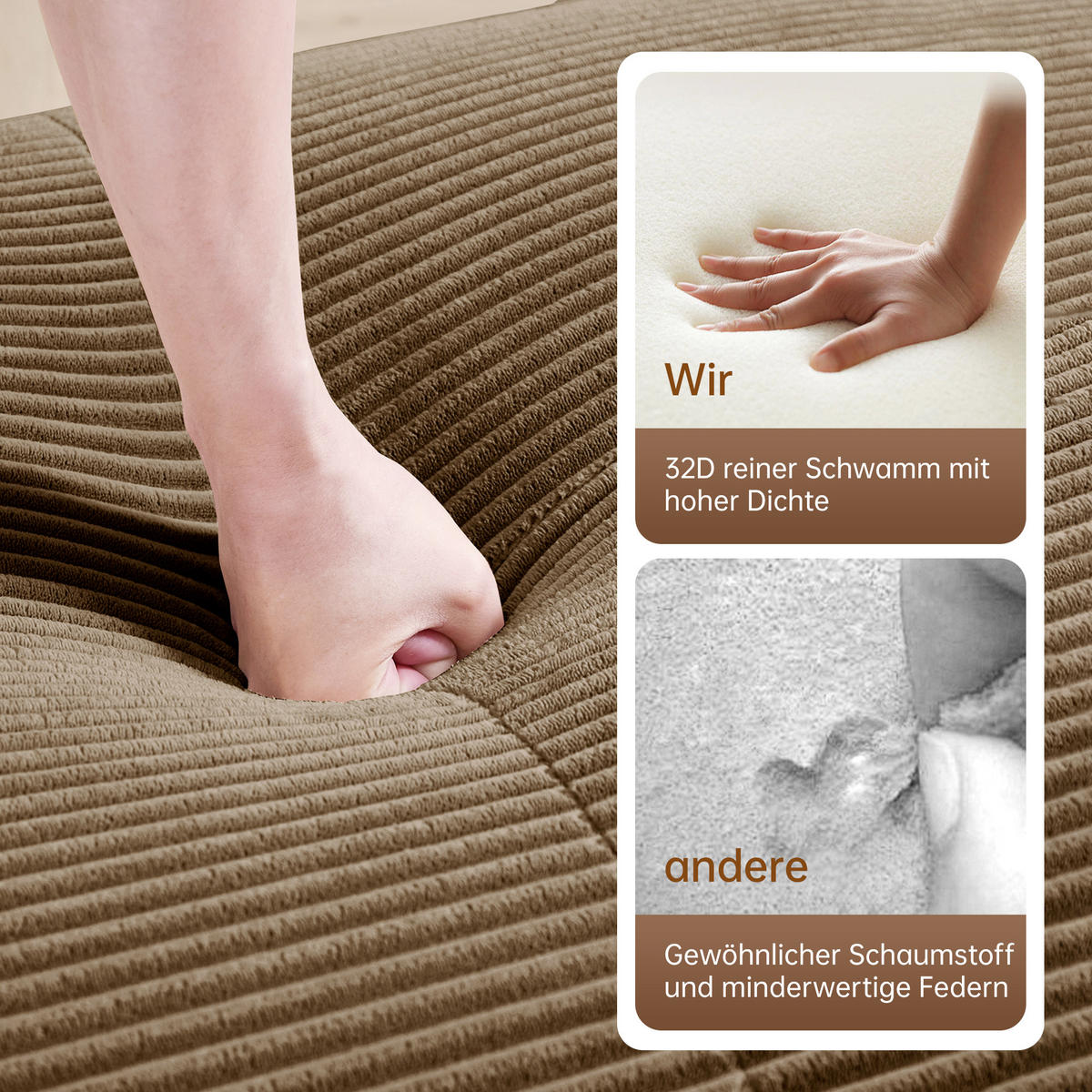 ECKSOFA in Braun aus Cord mit ergonomischem Design und ohne Montage - Braun, Textil (178/298cm) - Flora Grace