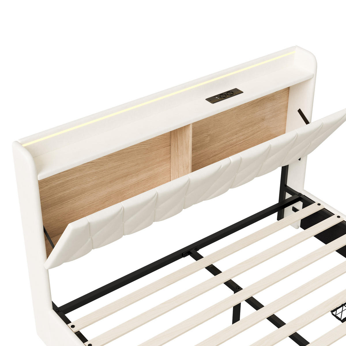 POLSTERBETT 160/200 cm mit Schubkasten‑Stauraum, LED‑Beleuchtung & USB‑Anschluss, Chesterfield‑Samtkopfteil - Beige, Holz/Metall (160/200cm) - Joyfair