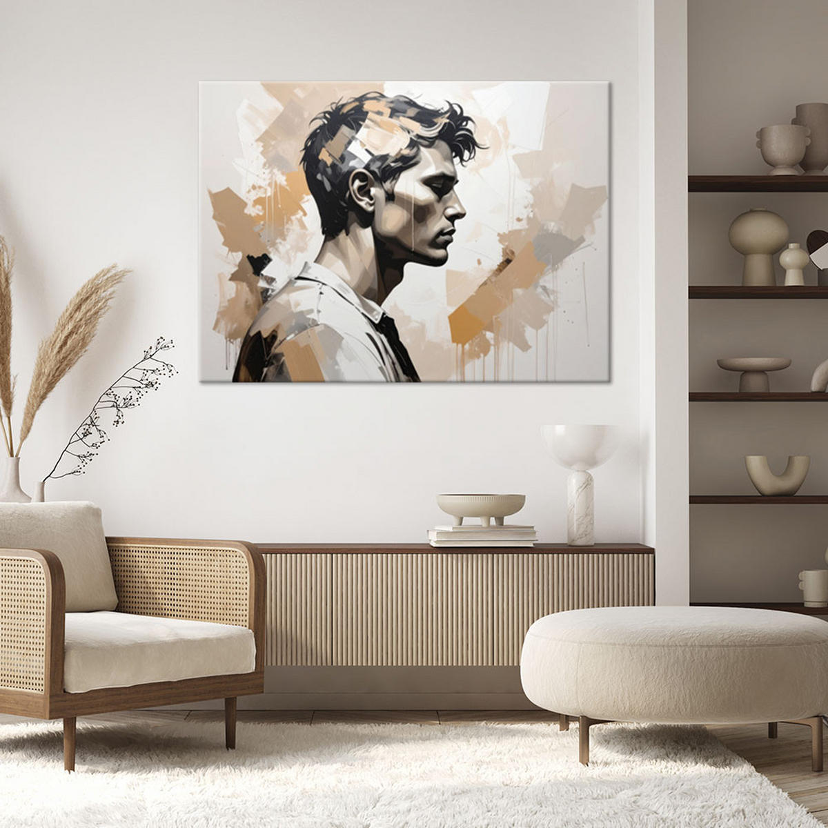 BILD auf Leinwand, Künstlerisches Porträt eines Mannes in hellen Beigetönen - Beige, Textil (90/60cm) - Feeby