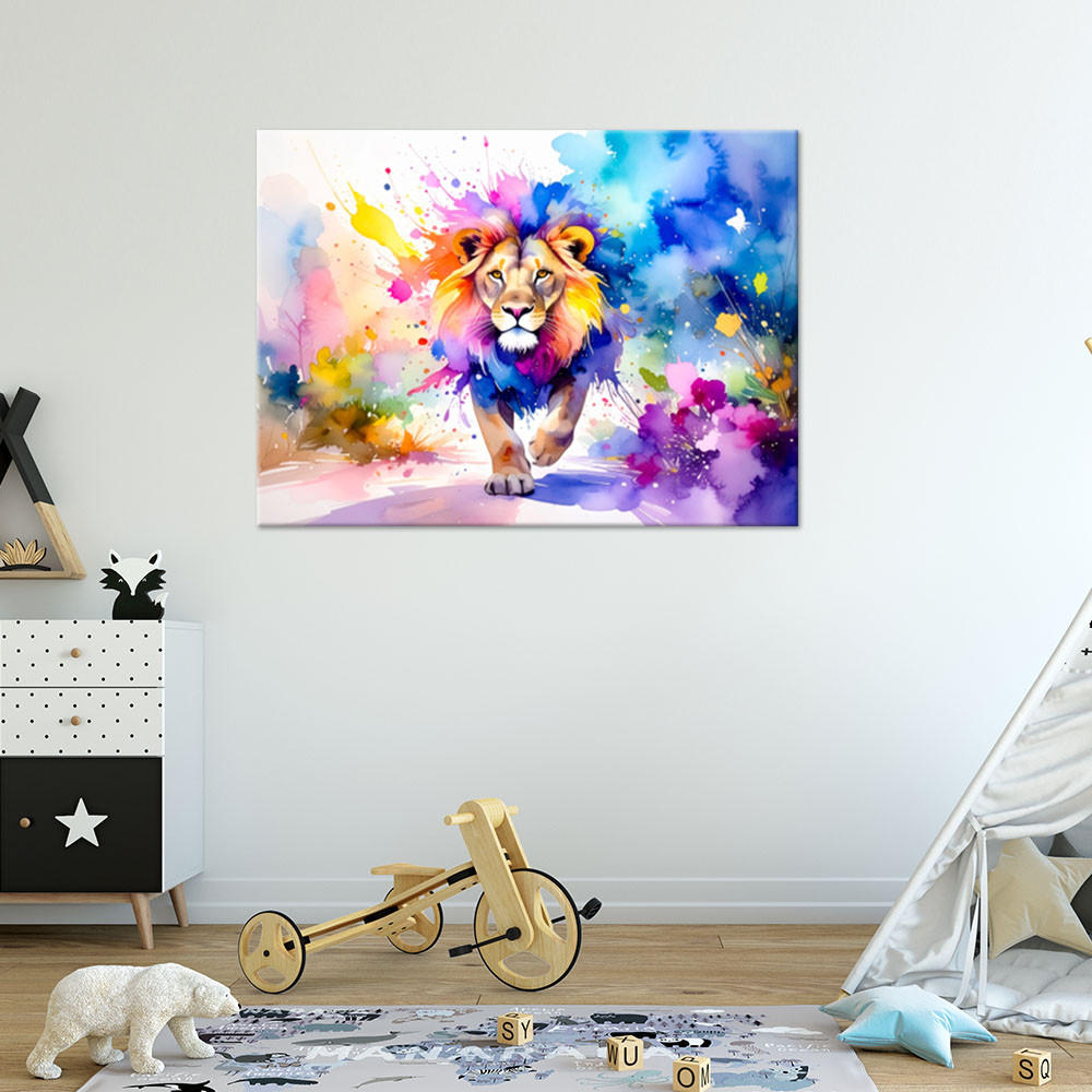 LEINWANDBILD Bunter Löwe im Dschungel Aquarell 120x80cm - Multicolor, Textil (120/80cm) - Feeby