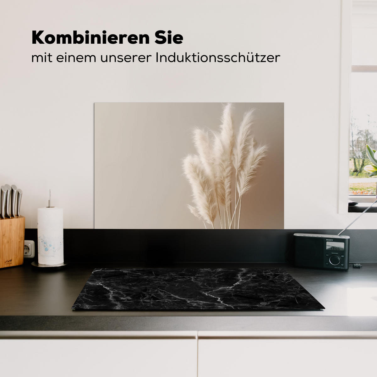 SPRITZSCHUTZ KÜCHE Pampasgras - Federn - Pastell - Weiß 60x40 cm - Creme, Metall (60/0.3/40cm) - MuchoWow