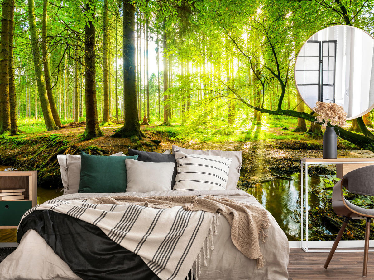 FOTOTAPETE für Wohnzimmer Waldlandschaft Bäume Blätter Frühling Grün 200x140 - Gelb/Orange, Papier (200/140cm) - Muralo