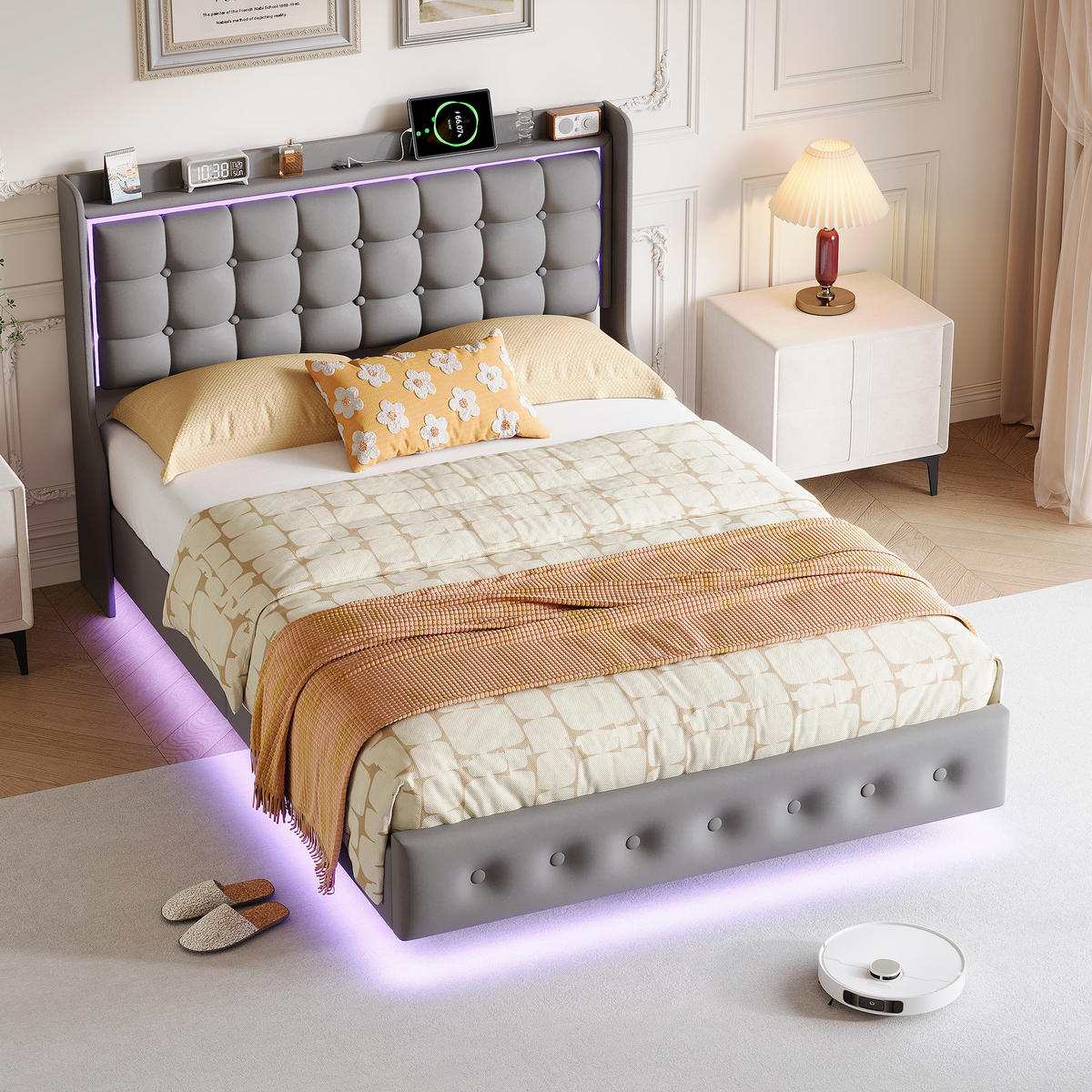 POLSTERBETT 140x200,Doppelbettmit LED und Ladefunktion,Schwebebett Design,Beige - Grau, Holz (140/200cm) - PARAFTA HOME