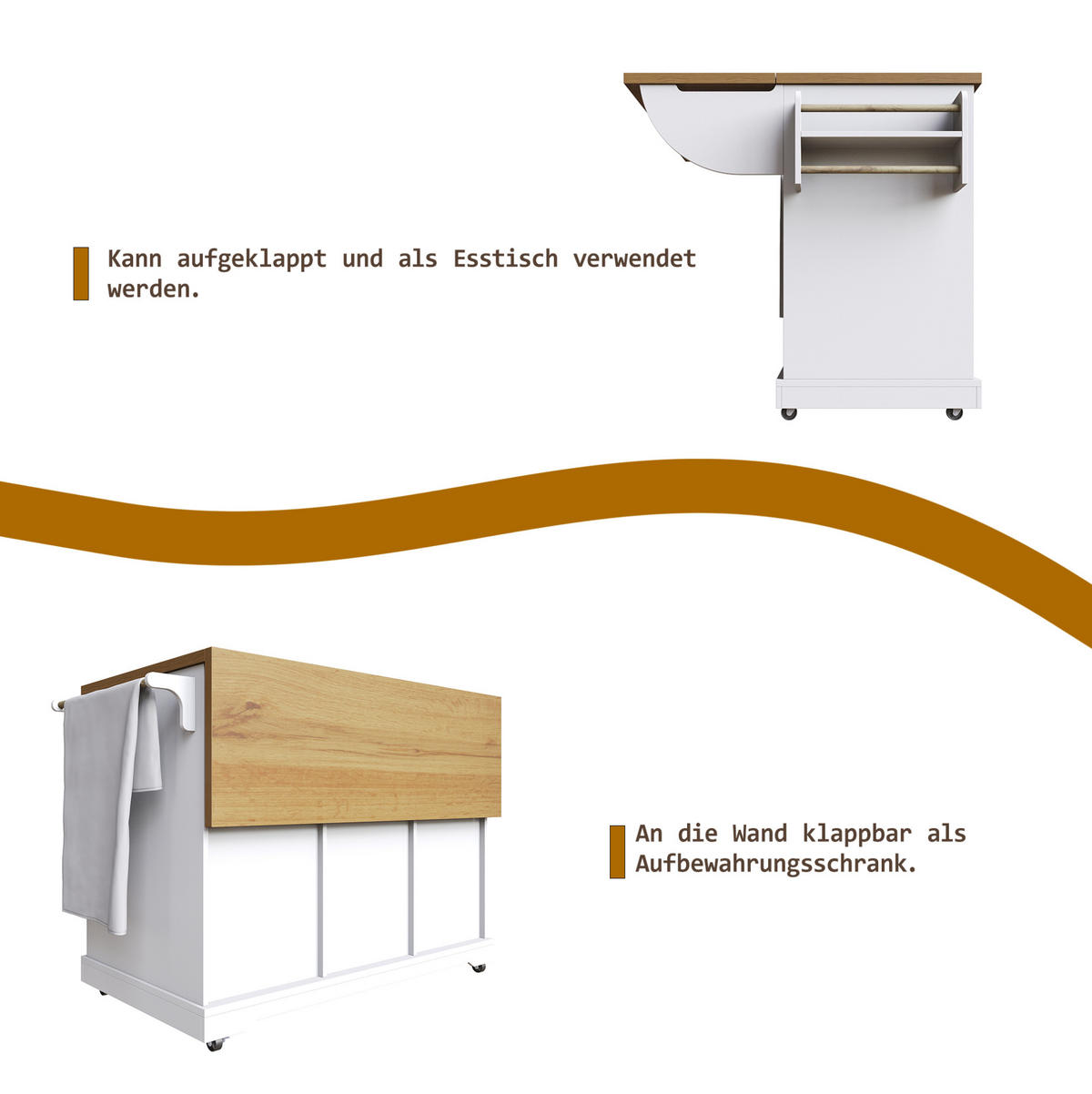 KÜCHENINSEL 147/93/44 cm Weiß aus MDF und Metall mit Klappfunktion - Weiß, Holzwerkstoff (44/93/147cm) - OKMYHOME