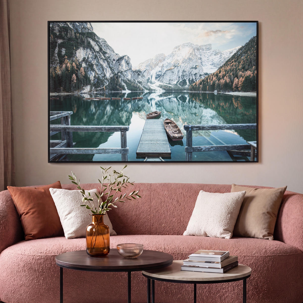 LEINWAND Bilder mit Rahmen - Natur - Berge - Schnee - Wald - Boot - 140x90 - Hellgrün, Textil (140/90cm) - MuchoWow