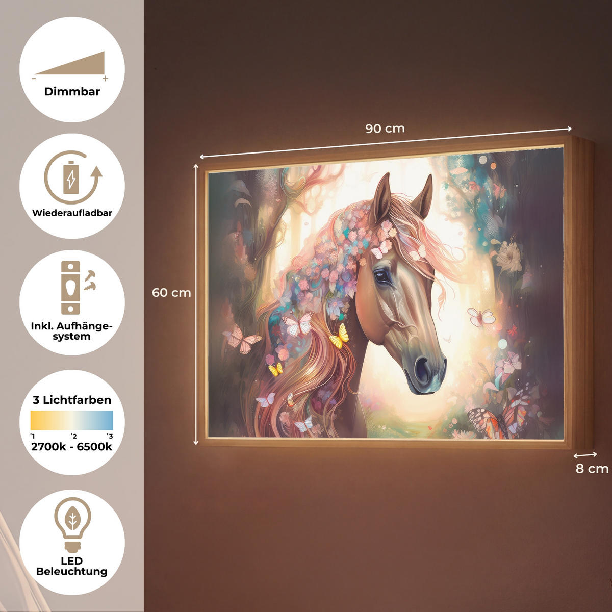 NÁSTĚNNÁ LAMPA S AKUMULÁTOREM Kůň - Příroda - Květiny - Motýli - Les 90x60 cm - tmavě hnědá, kompozitní dřevo (90/60/8cm) - OnlyWow