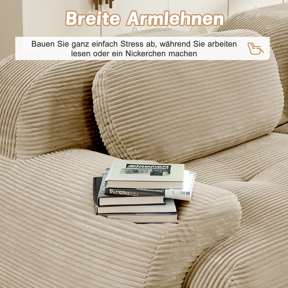SOFA 388/103/70 cm in Beige aus Cord mit modularer Form und ohne Montage - Beige, Textil (103/70/388cm) - Flora Grace