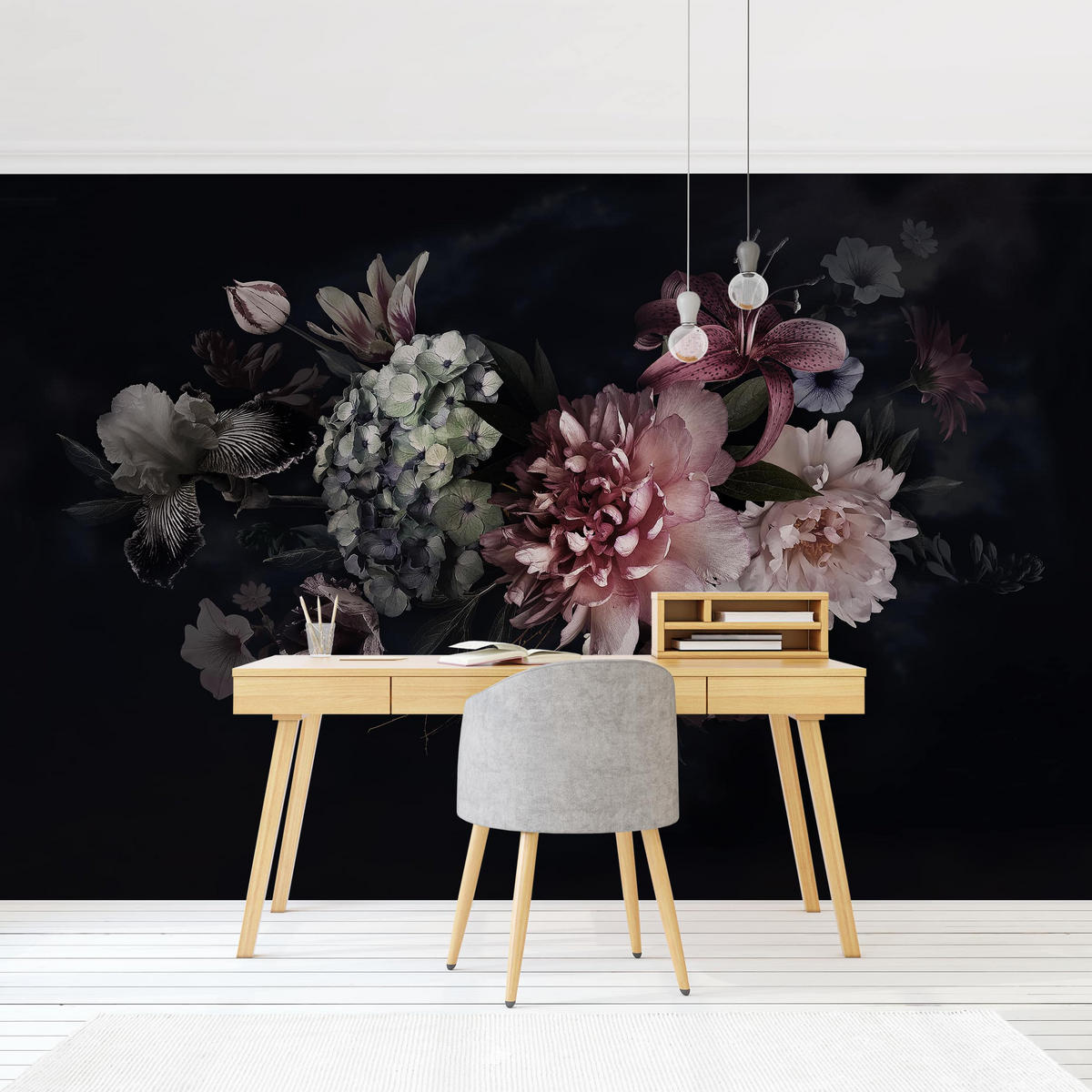 FOTOTAPETE Blumen mit Nebel auf Schwarz 336/225 cm - Schwarz, Papier (336/225cm) - Bilderwelten