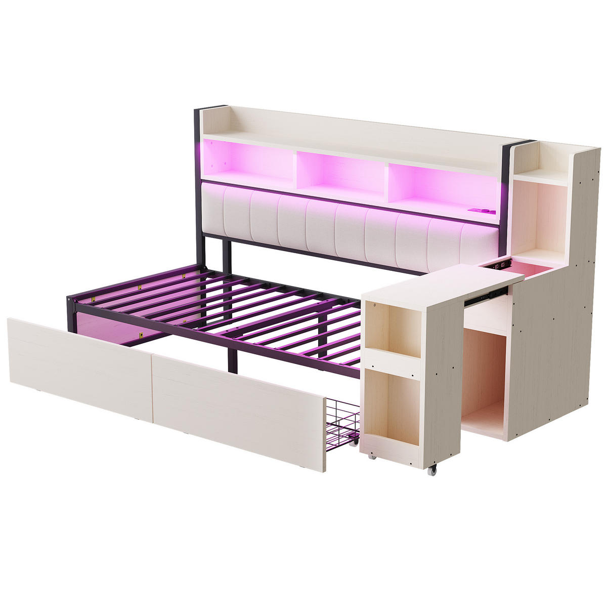 MULTIFUNKTIONSBETT aus Metall und Holz 90x200 cm Weiß mit Schubladen, Schreibtisch und Steckdosen - Weiß, Metall (90/200cm) - IVMEU