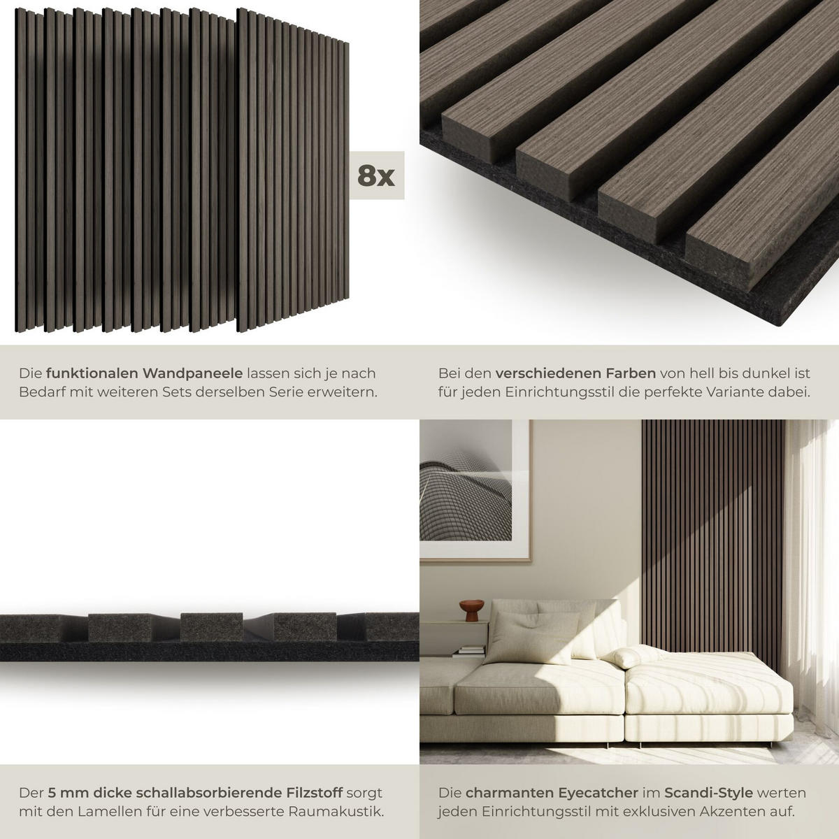 AKUSTIKPANEELE 8er Set Sonic Wall Iii, je 120 x 60 x 1,1 cm, Größe flexibel anpassbar, Eiche grau - Grau/Silbereichenfarben, Holz (60/1.1/120cm) - tectake