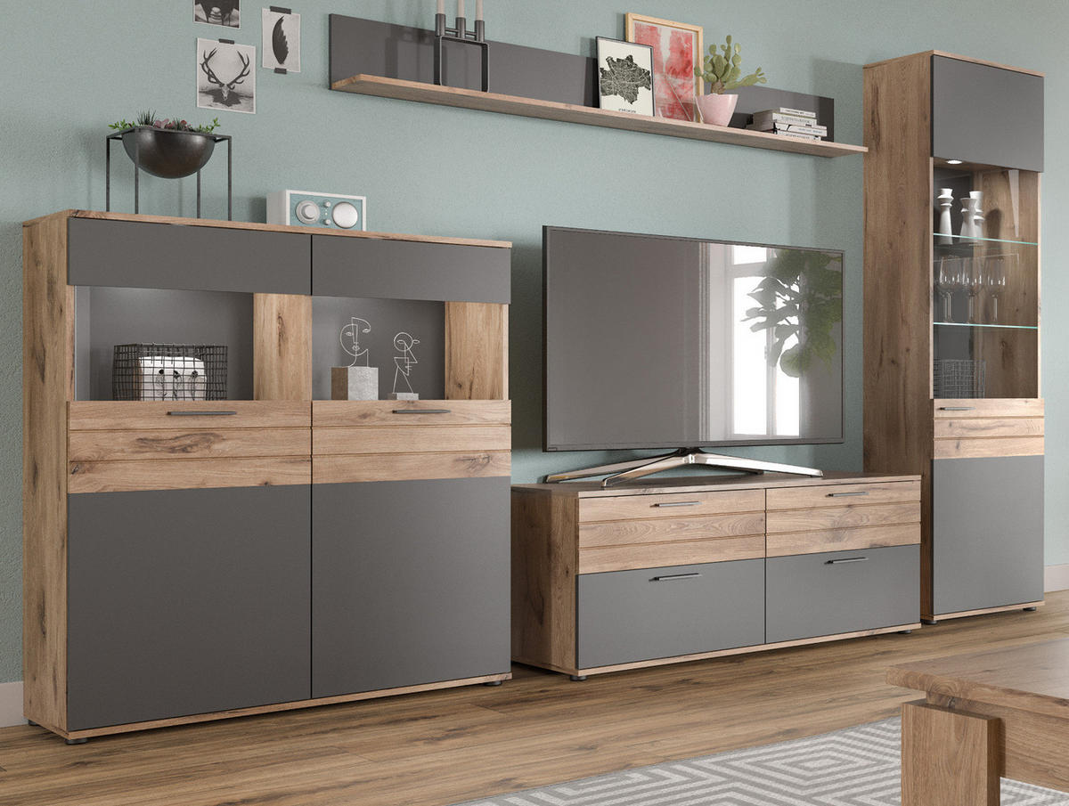 WOHNWAND Eiche, grau 4-teilig 327 cm, Schrankwand mit Soft-Close, Wohn- und Esszimmermöbel - Eichefarben/Schwarz, Glas/Holzwerkstoff (327/200/44cm) - Inn.Furn