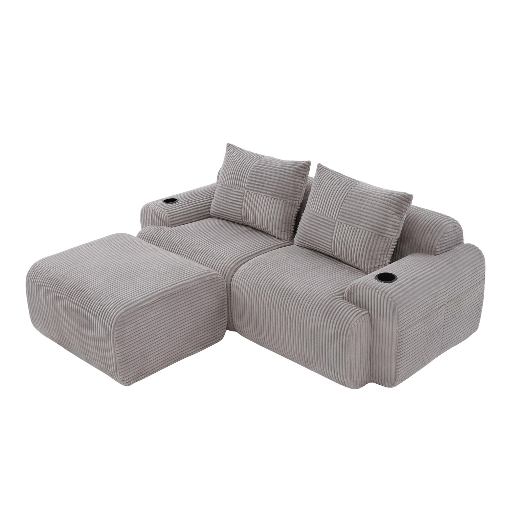 SOFA 200/174/80 cm in Hellgrau aus Cord mit Cupholder und Tasche - Hellgrau, Textil (174/80/200cm) - Flora Grace