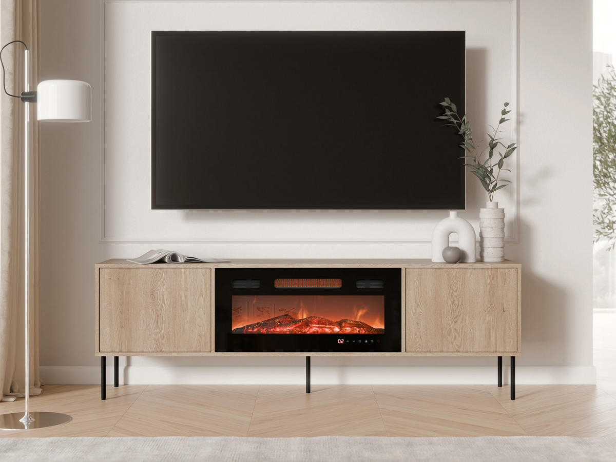 TV-LOWBOARD Domi 180 2D EF mit Kamin - Eichefarben/Schwarz, Holzwerkstoff/Metall (183/60/40cm) - MIRJAN24