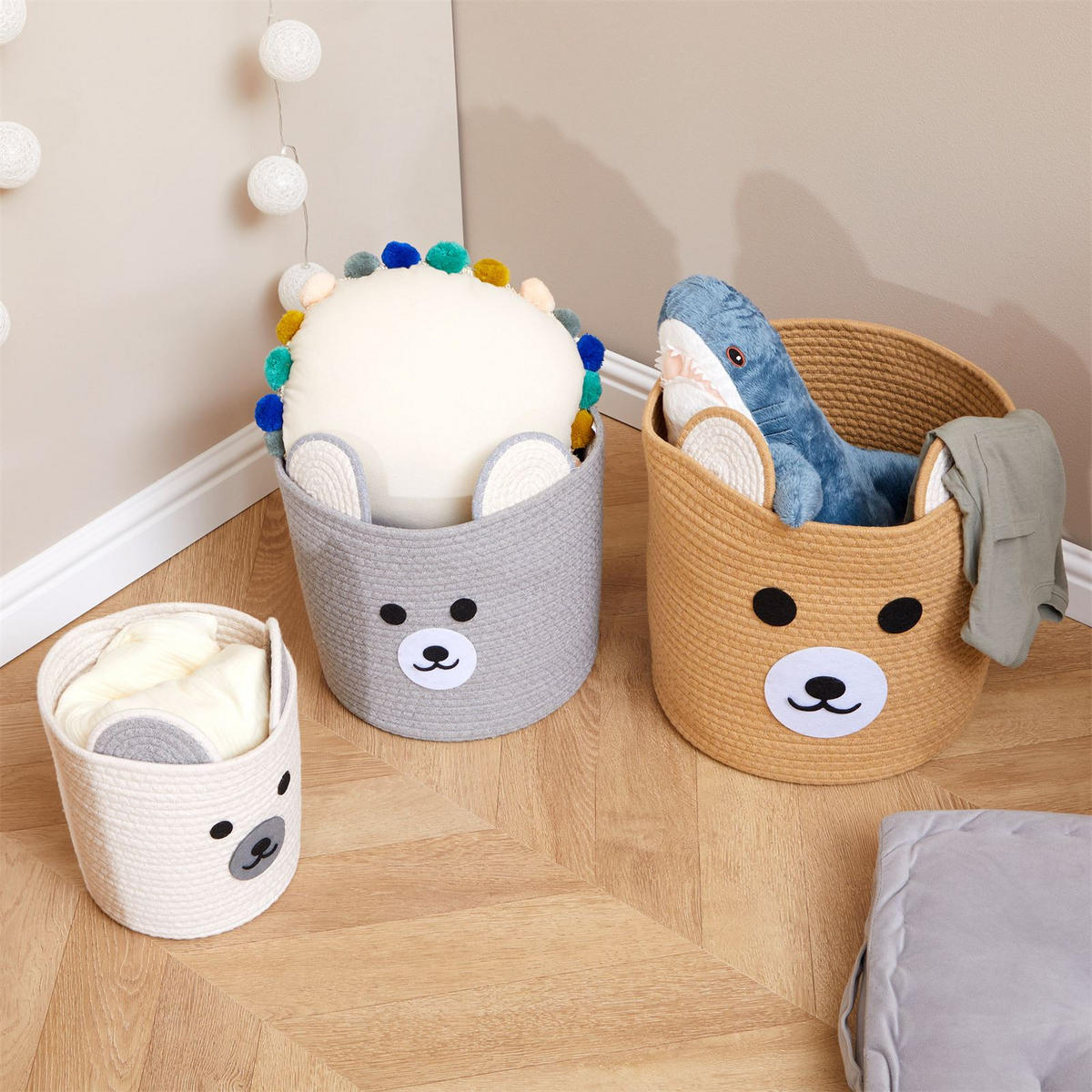 KINDERZIMMER AUFBEWAHRUNGSKÖRBE TANKA 3er Set weiß/grau - Weiß/Grau, Textil (33/30/33cm) - IDIMEX