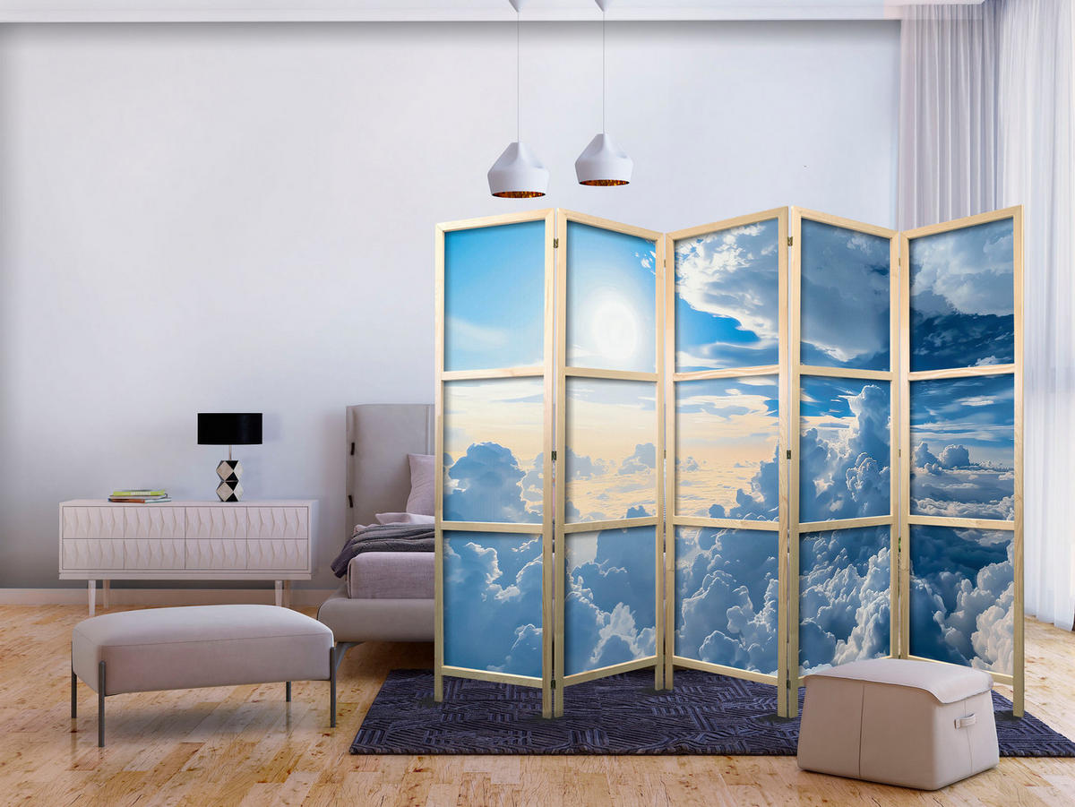 PARAVENT Japanischer 5-tlg 225x172 cm Wolken Und Sonne - Blau, Holz/Textil (225/172/3cm) - Muralo
