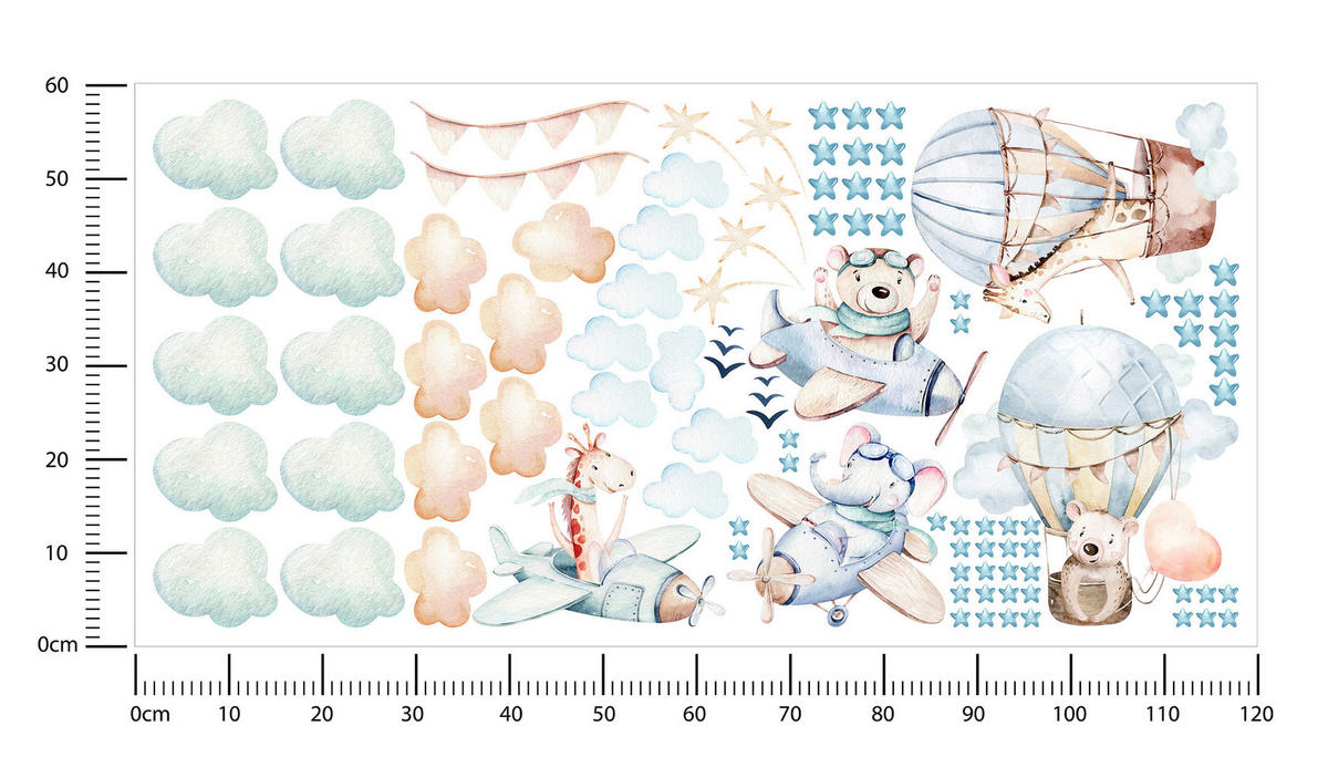 WANDAUFKLEBER SET für Kinder Tiere Wolken Flugzeuge Sterne 120x60 - Gelb/Beige, Papier (120/60/1cm) - Muralo