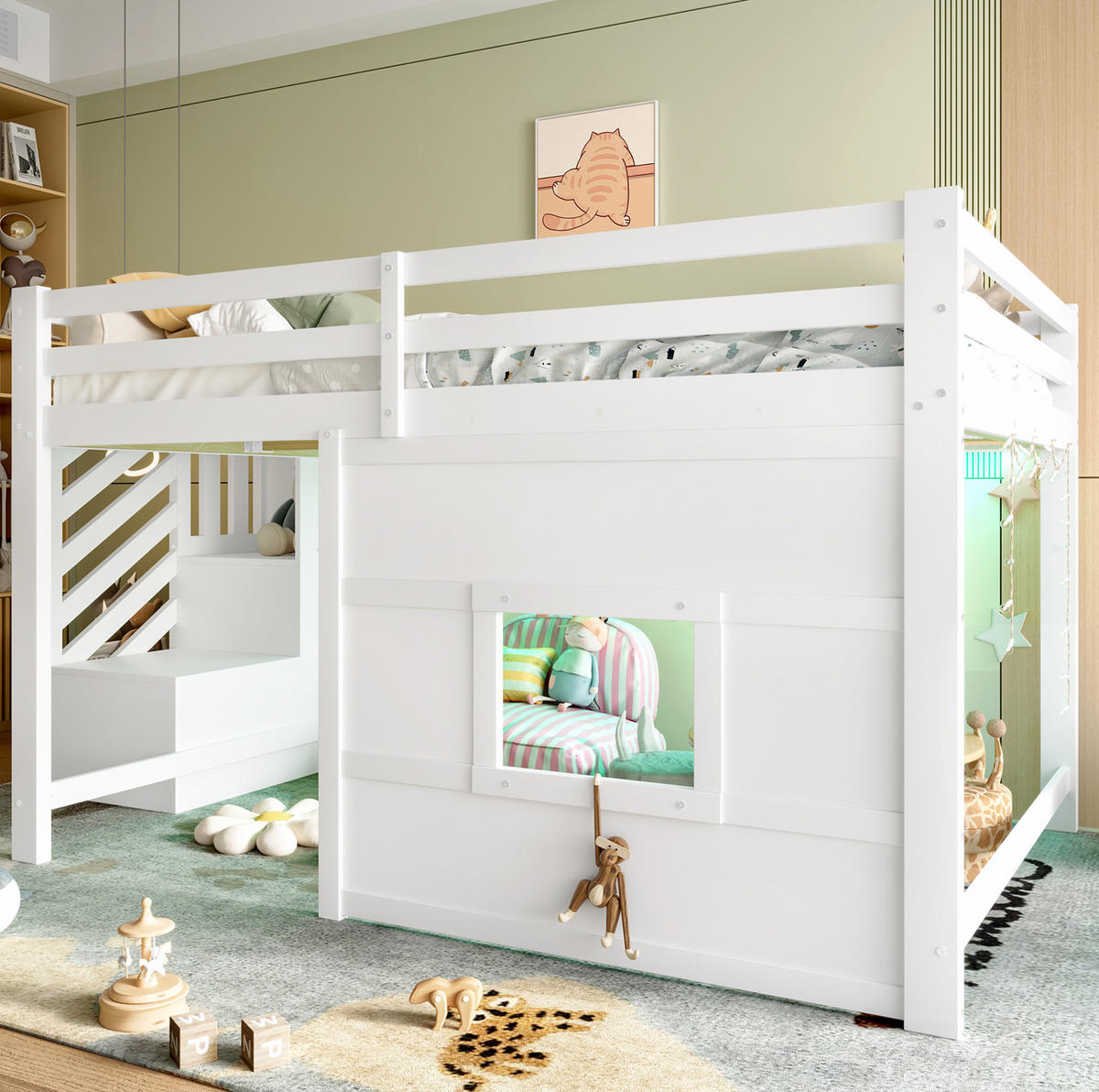 HOCHBETT 140/200 cm aus Kiefer, MDF und Sperrholz mit Stauraumtreppe und LED-Beleuchtung Weiß - Weiß, Holzwerkstoff (140/200cm) - Modenvie