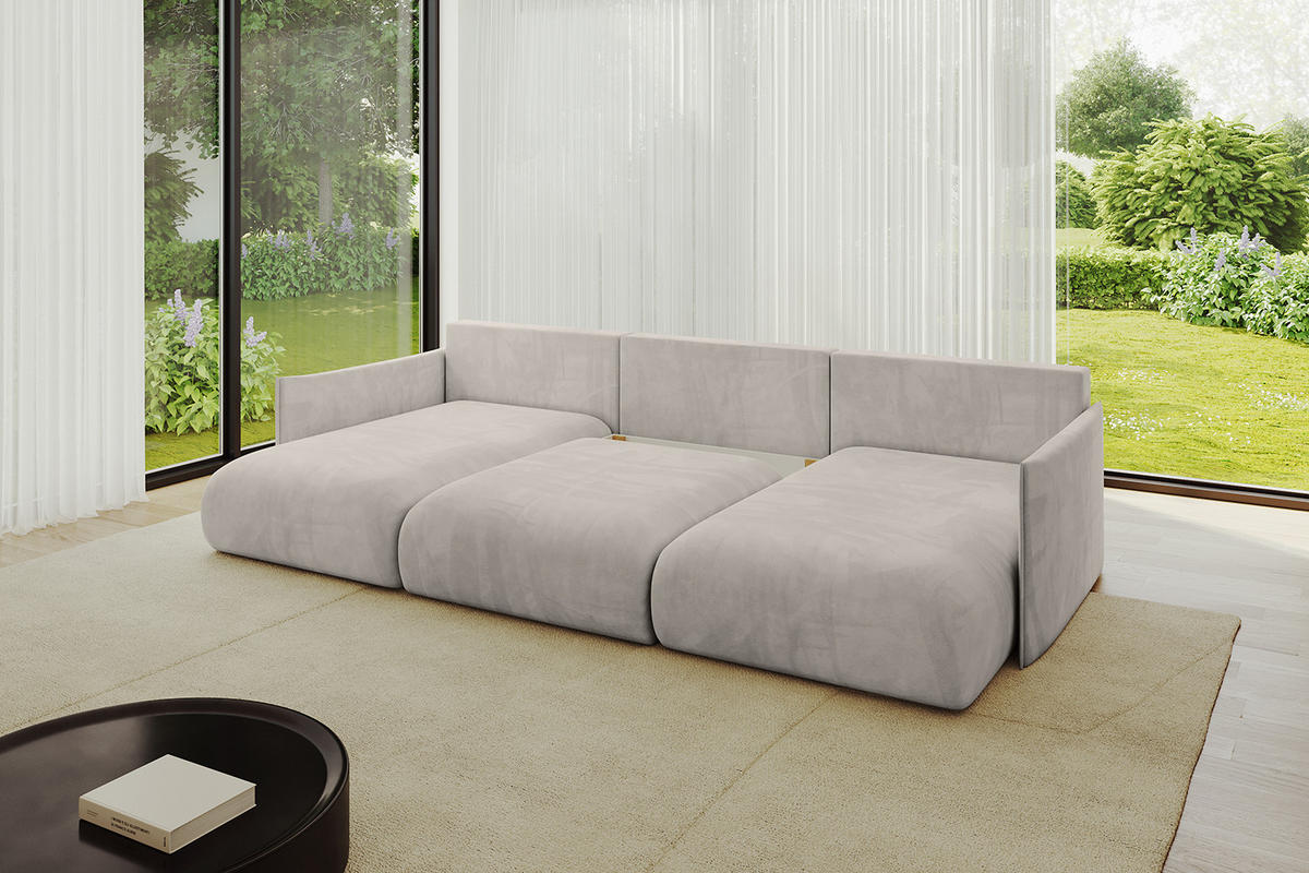 WOHNLANDSCHAFT mit Schlaffunktion und Bettkasten ONESK-U 317x177x72 Hellbraun Velours - Hellbraun, Holzwerkstoff/Kunststoff (317/72/177cm) - ALTDECOR