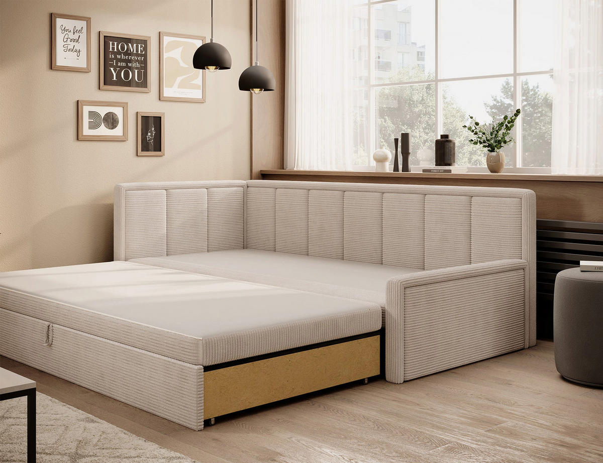 SCHLAFSOFA FULGEO mit Schlaffunktion & Bettkasten – Modernes 3-Sitzer Sofa, Liegefläche 200 x 150 cm - Beige, Kunststoff (214/82/77cm) - Wohnideebilder
