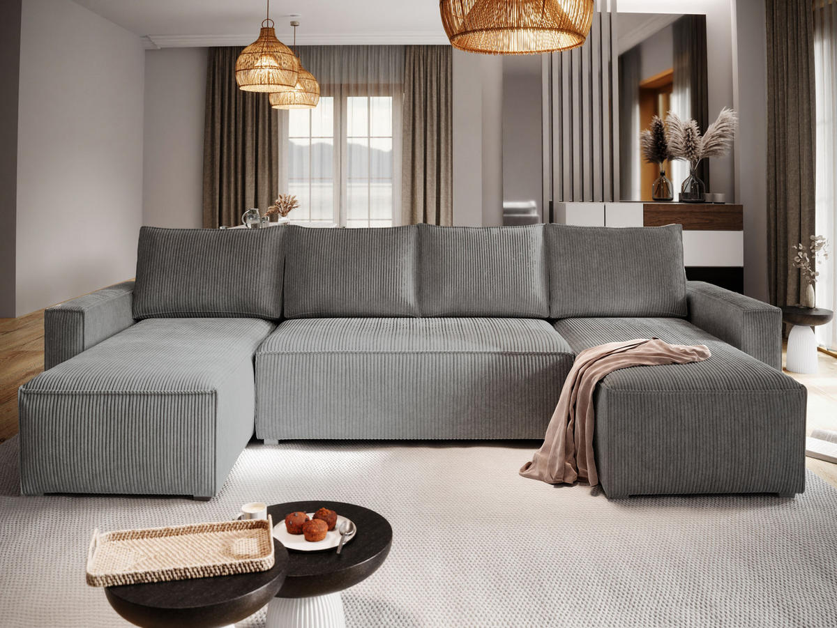 WOHNLANDSCHAFT ASPRA Grau Kordstoff mit Schlaffunktion - Grau, Holz (295/85/140cm) - MASSENO