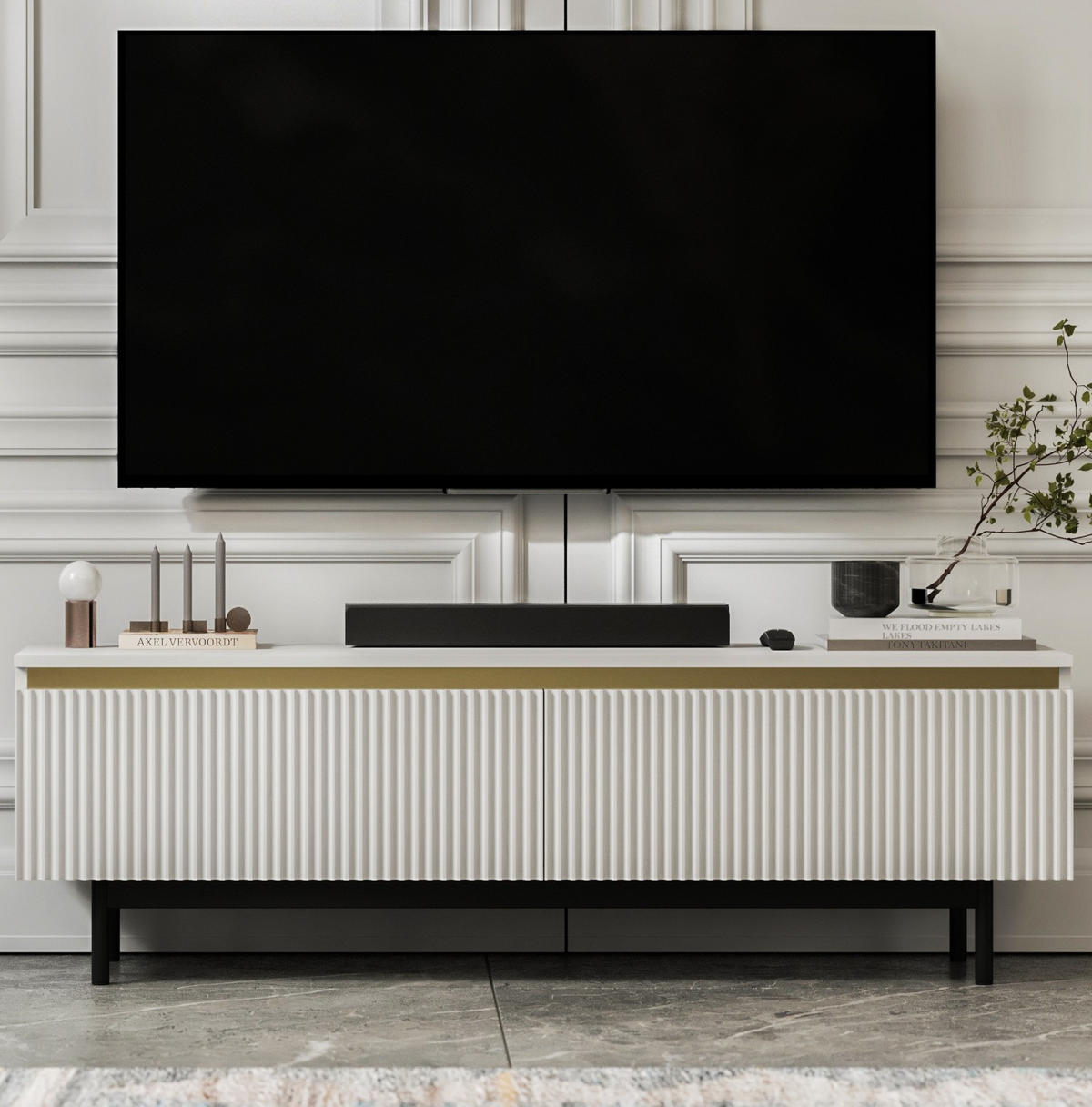 TV-SCHRANK Selene Weiß Matt mit Metallrahmen 140 cm - Schwarz/Weiß, Holzwerkstoff (140/44/35cm) - Meble Lindner